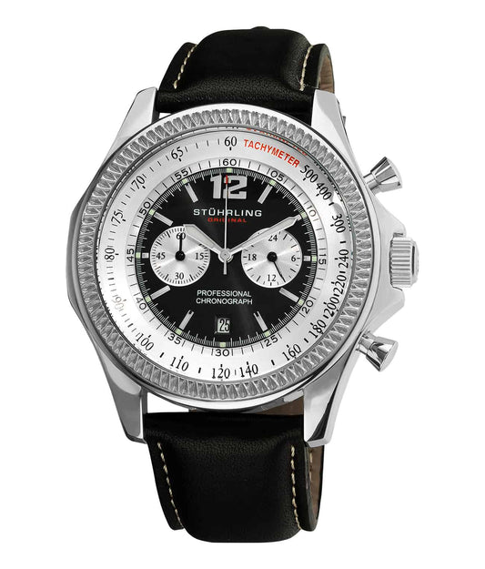 Stührling Targa 24 176L2 Quartz 49mm Chronograph - Black Dial / Silver Case / Black Leather Strap Tang Buckle