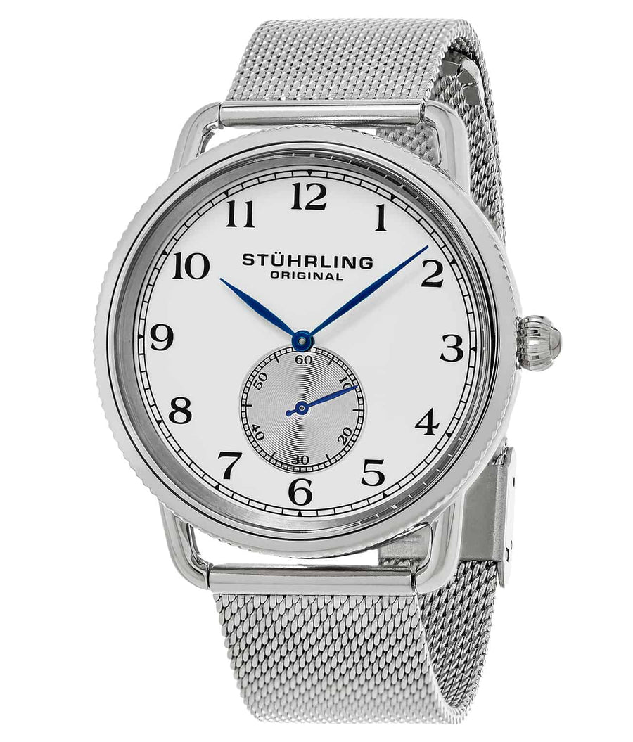 Stührling Classique 207M Quartz 40mm Classic - White Dial / Silver Case / Silver Stainless Steel Bracelet Deployant Buckle