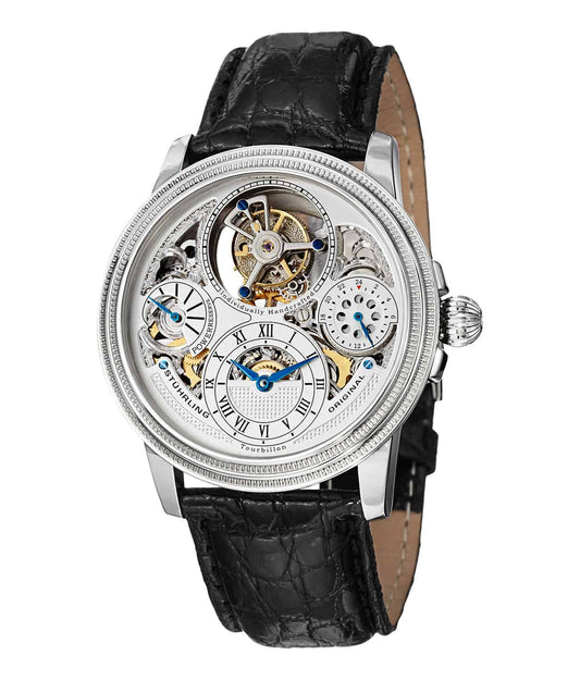 Stührling Opus Orchestration 45mm Tourbillon - Silver Dial / Silver Case / Silver Crocodile Strap Deployant Buckle