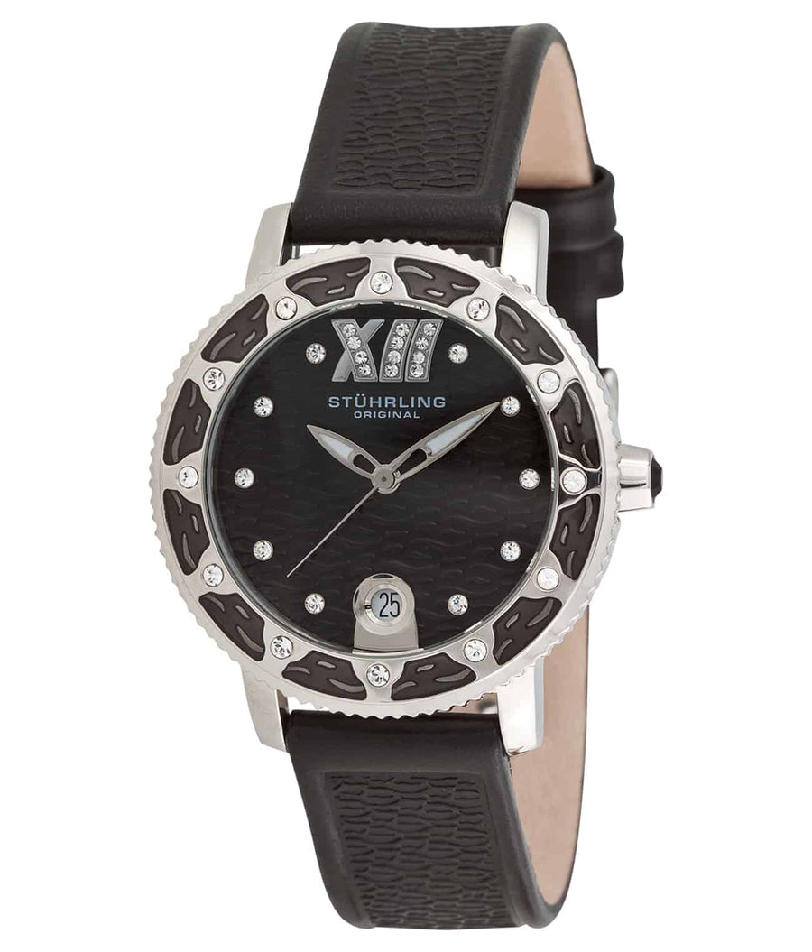 Stührling Lady Marina 225 Quartz 34mm Diver - Black Dial / Silver Case / Black Leather Strap Tang Buckle