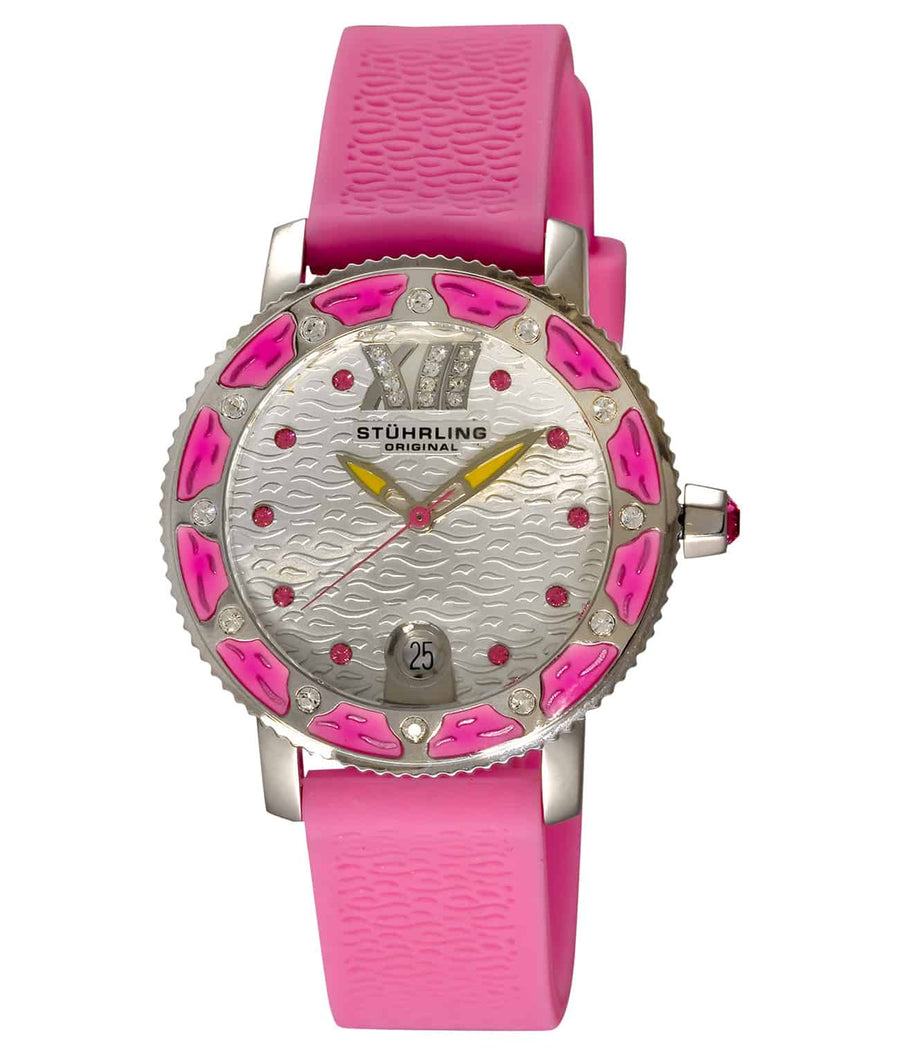 Stührling Lady Marina Sport 225R Quartz 34mm Diver - Silver Dial / Silver Case / Pink Rubber Strap Tang Buckle