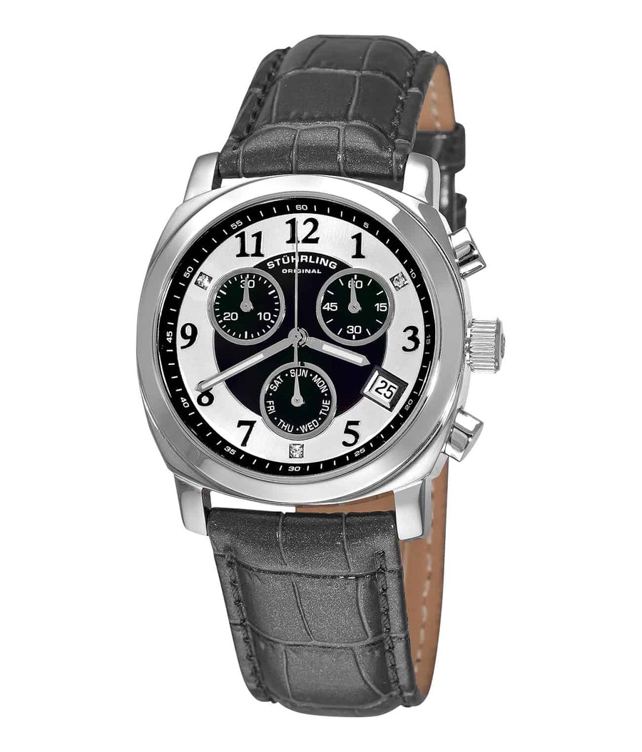 Fiorenza 246 Quartz 35mm Chronograph - Black Dial / Silver Case / Black Leather Strap Tang Buckle