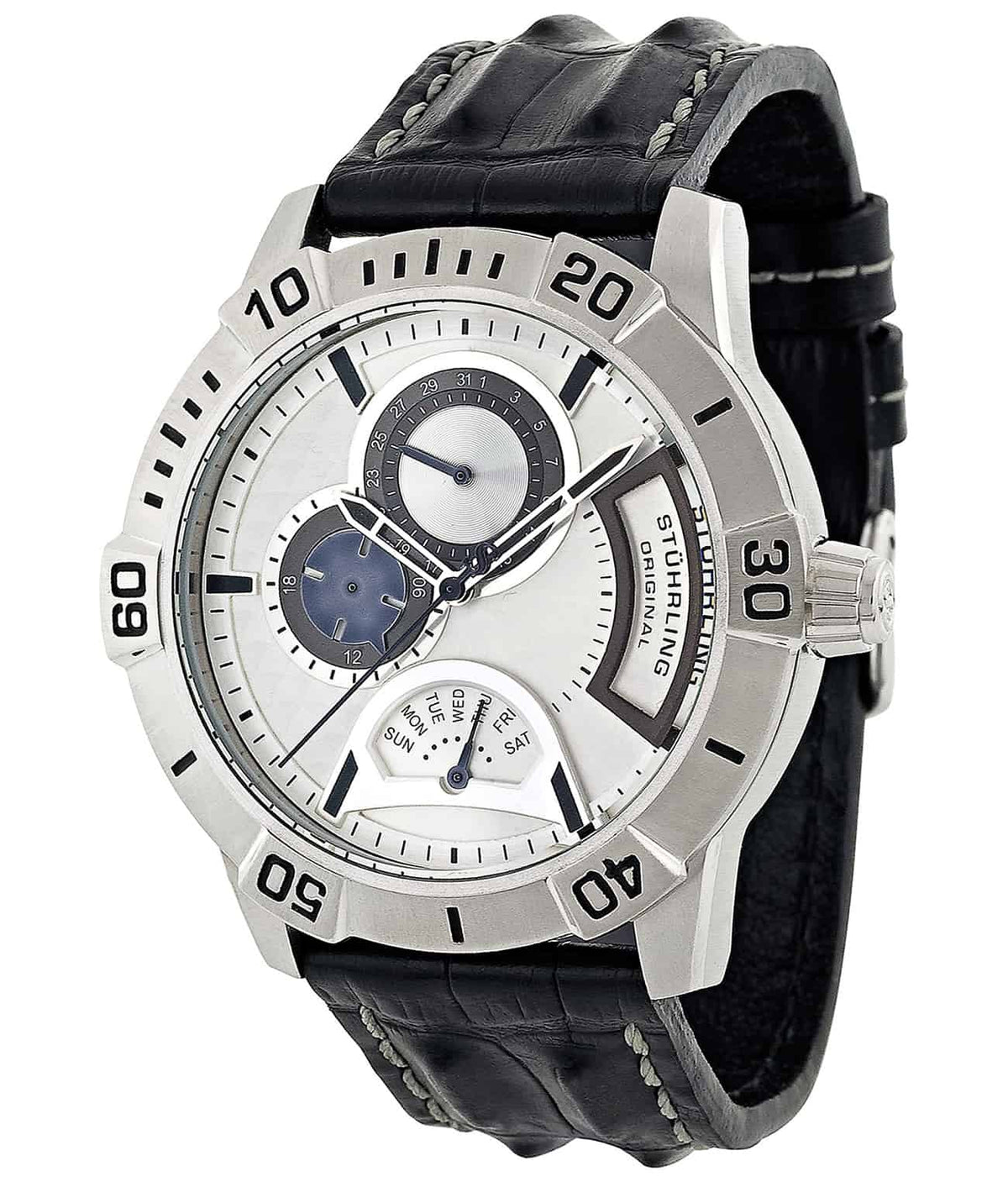 Gen-X 265 GMT Quartz 46mm Diver - Silver Dial / Silver Case / Black Leather Strap Tang Buckle
