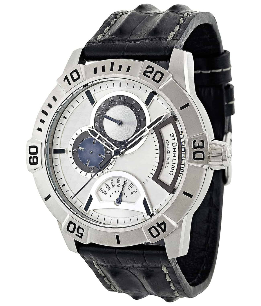 Gen-X 265 GMT Quartz 46mm Diver - Silver Dial / Silver Case / Black Leather Strap Tang Buckle
