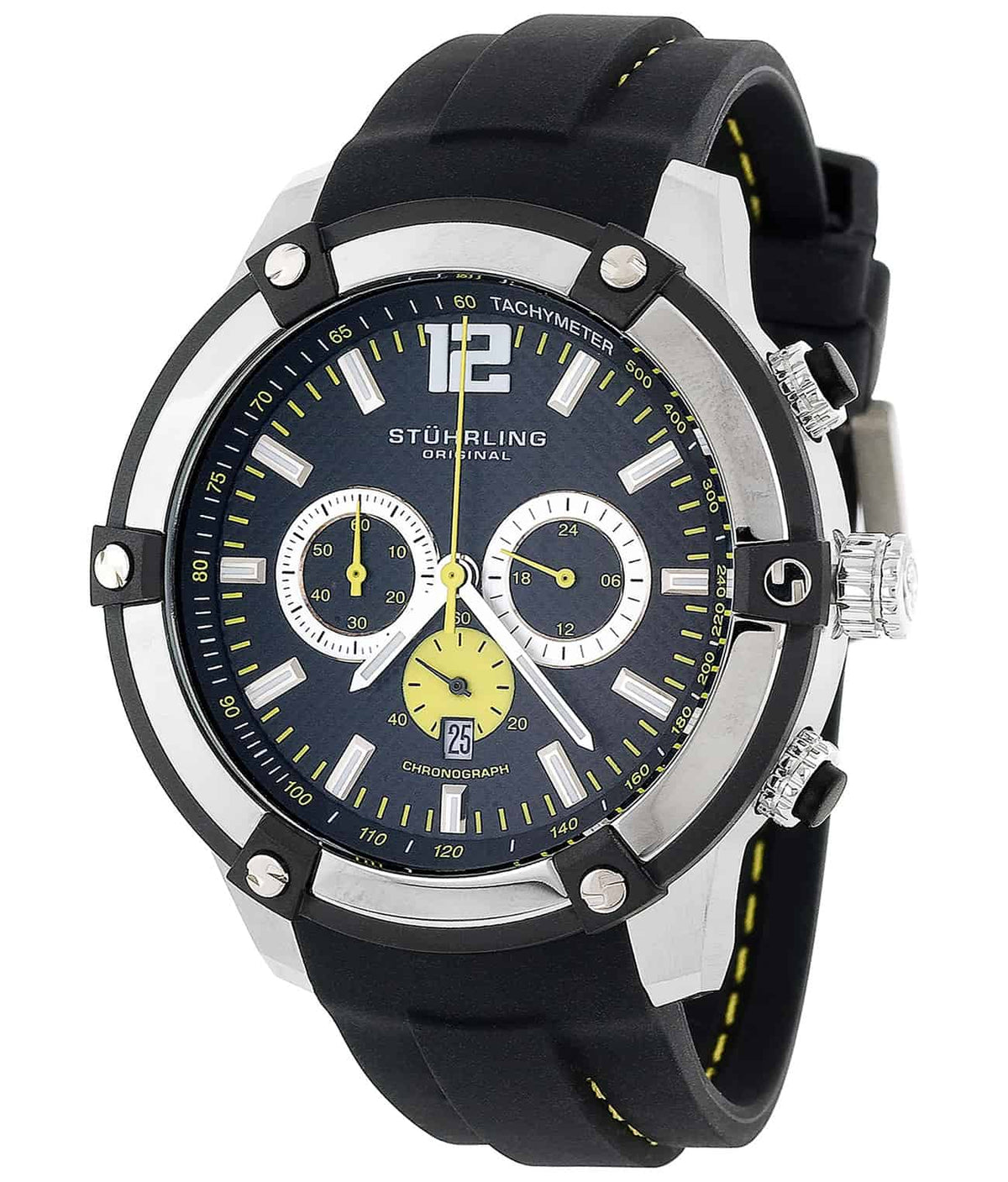 Stührling Victory 268 Quartz 47mm Chronograph - Black Dial / Silver Case / Black Silicone Strap Tang Buckle