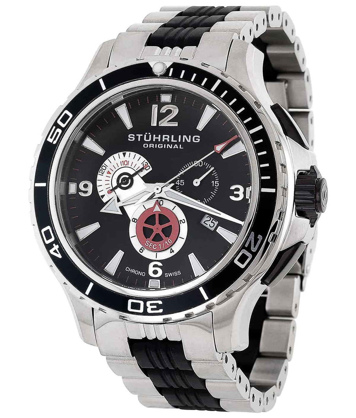 Stührling Trekker 270 Quartz 48mm Diver - Black Dial / Silver Case / Silver Stainless Steel Bracelet Deployant Buckle