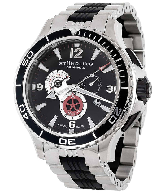 Stührling Trekker 270 Quartz 48mm Diver - Black Dial / Silver Case / Silver Stainless Steel Bracelet Deployant Buckle