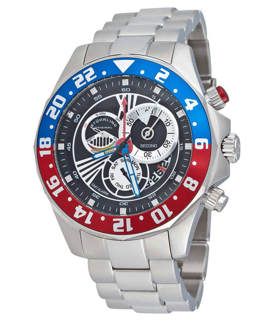 Nautico 287 GMT Quartz 46mm Diver - Black Dial / Silver Case / Silver Stainless Steel Bracelet Deployant Buckle