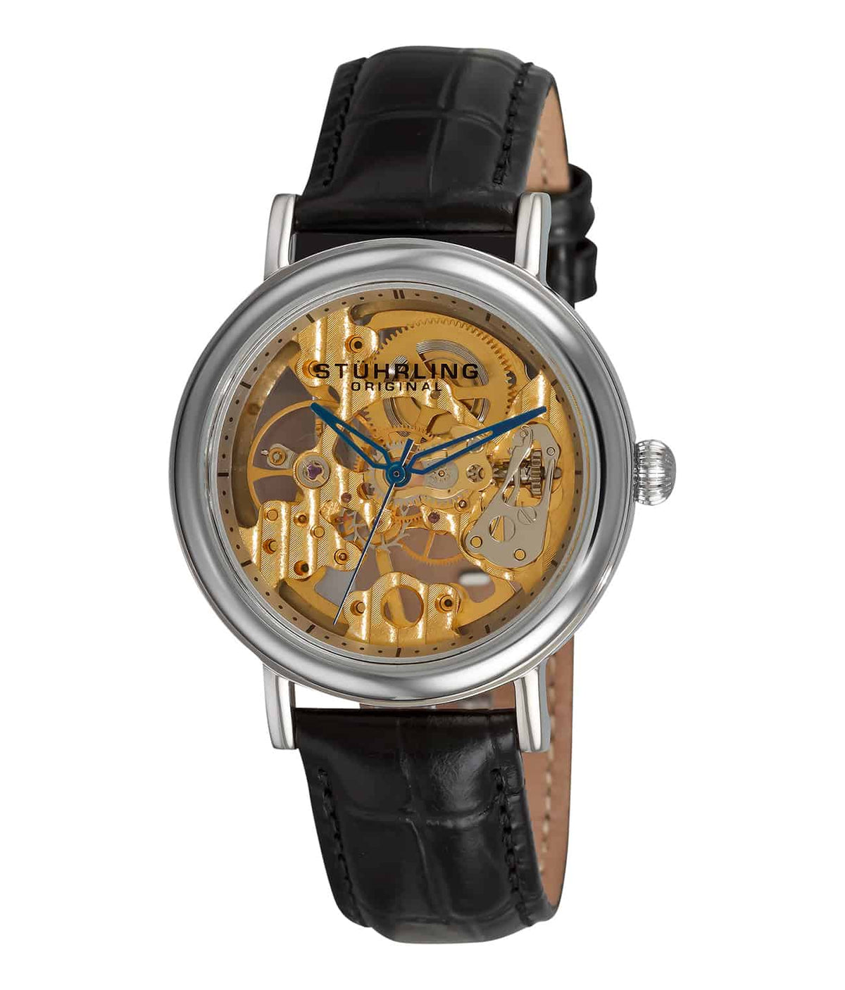 Stührling Lady Montague 294 Hand-wind 37mm Skeleton - Silver Dial / Silver Case / Black Leather Strap Tang Buckle