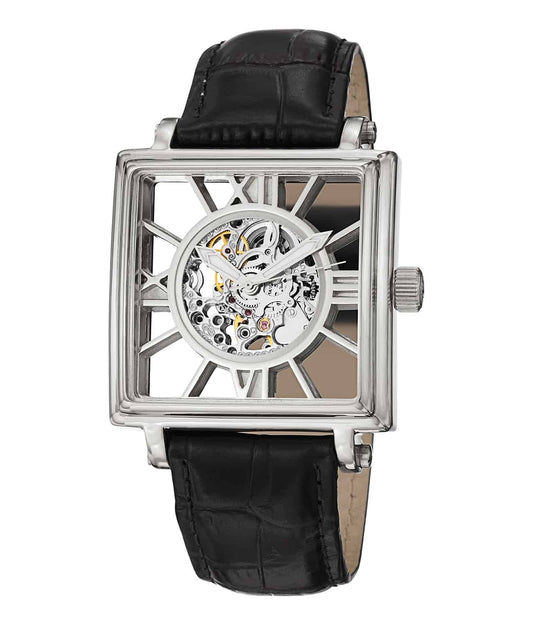 Stührling Winchester Square 295 Automatic 37mm Skeleton - Silver Dial / Silver Case / Black Leather Strap Tang Buckle