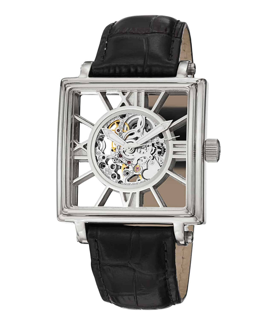 Stührling Winchester Square 295 Automatic 37mm Skeleton - Silver Dial / Silver Case / Black Leather Strap Tang Buckle