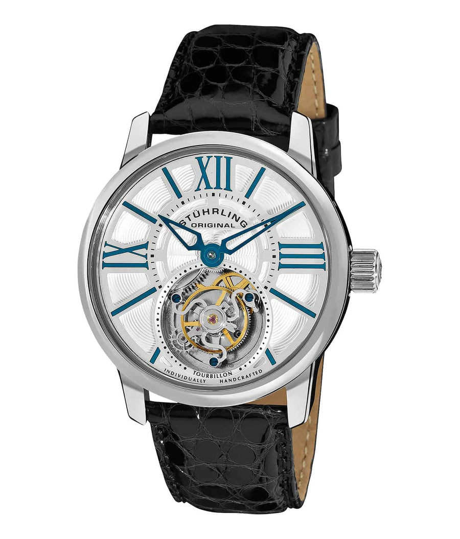 Stührling Coronation 42mm Tourbillon - Silver Dial / Silver Case / Black Crocodile Strap Tang Buckle