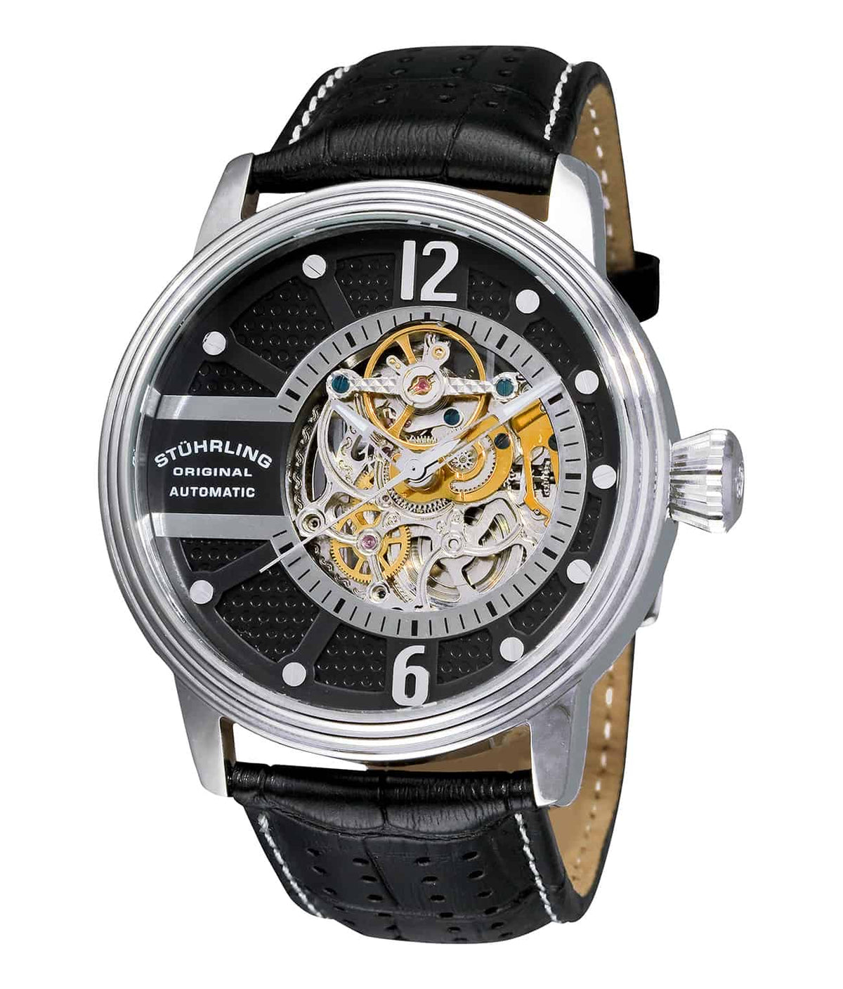 Prospero 308 Automatic 49mm Skeleton - Black Dial / Silver Case / Black Leather Strap Tang Buckle