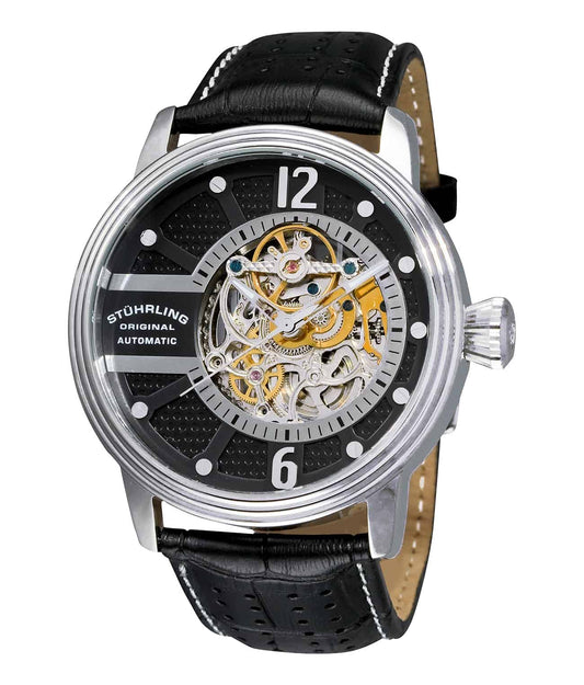Prospero 308 Automatic 49mm Skeleton - Black Dial / Silver Case / Black Leather Strap Tang Buckle