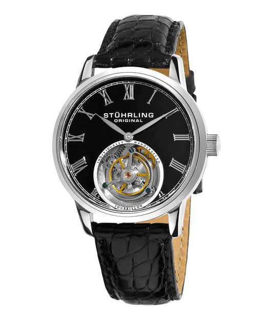 Stührling Tempus Dominus 40mm Tourbillon - Black Dial / Silver Case / Black Crocodile Strap Tang Buckle