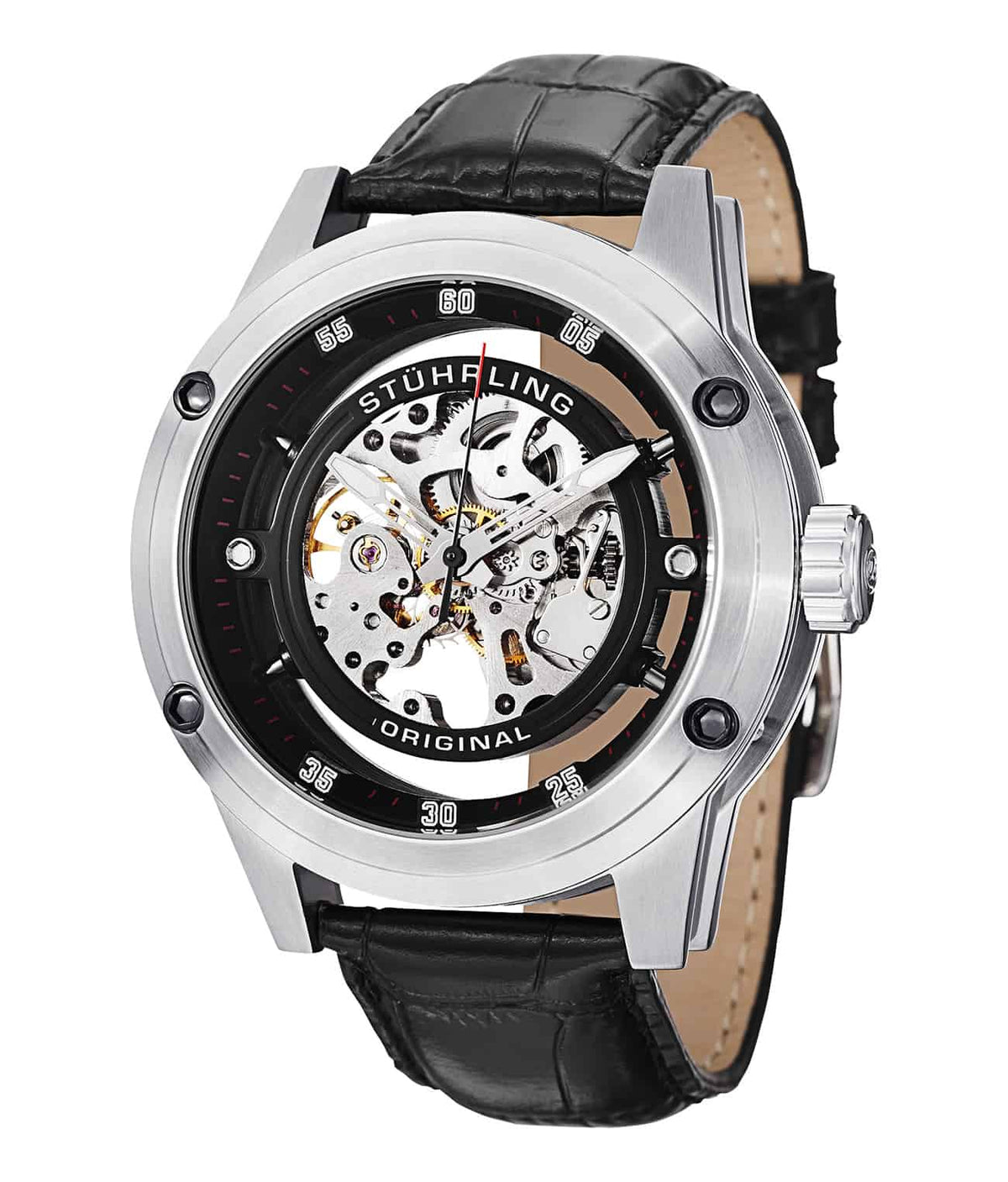 Stührling Zolara Z360 314 Automatic 50mm Skeleton - Black Dial / Silver Case / Black Leather Strap Tang Buckle