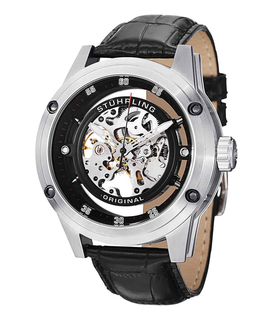 Stührling Zolara Z360 314 Automatic 50mm Skeleton - Black Dial / Silver Case / Black Leather Strap Tang Buckle