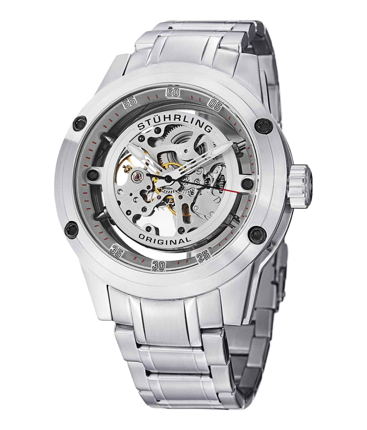 Stührling Zolara 360 Elite 314M Automatic 50mm Skeleton - Silver Dial / Silver Case / Silver Stainless Steel Bracelet Deployant Buckle
