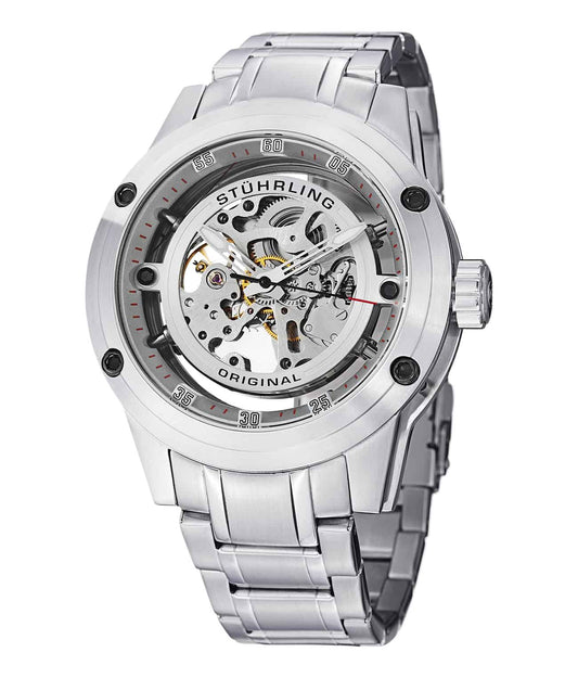 Stührling Zolara 360 Elite 314M Automatic 50mm Skeleton - Silver Dial / Silver Case / Silver Stainless Steel Bracelet Deployant Buckle