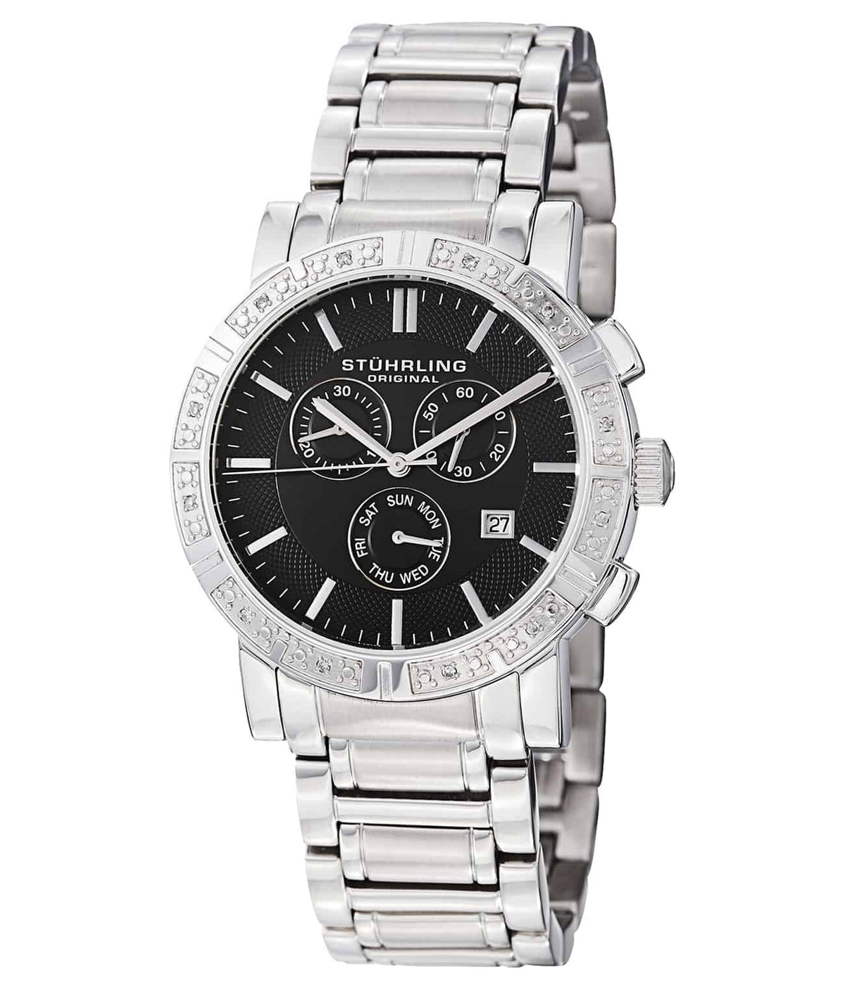 Regent 315G Quartz 42mm Chronograph - Black Dial / Silver Case / Silver Stainless Steel Bracelet Deployant Buckle