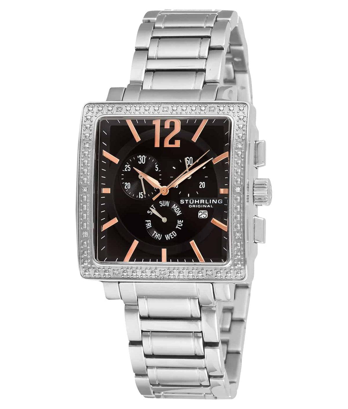 Regent Royale 316G Quartz 42mm Chronograph - Black Dial / Silver Case / Silver Stainless Steel Bracelet Deployant Buckle
