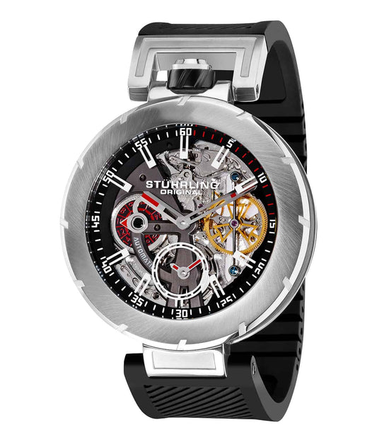 Emperor VT II 324B Automatic 49mm Skeleton - Black Dial / Silver Case / Black Silicone Strap Tang Buckle