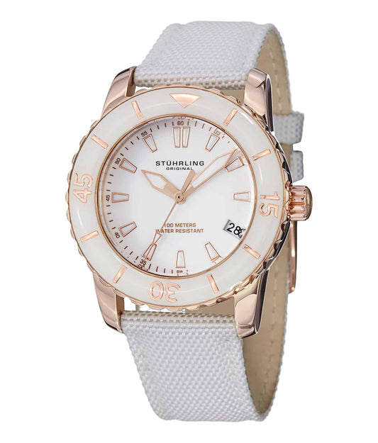 Stührling Lady Vector 3265 Quartz 38mm Diver - White Dial / Rose Case / White Canvas Strap Tang Buckle
