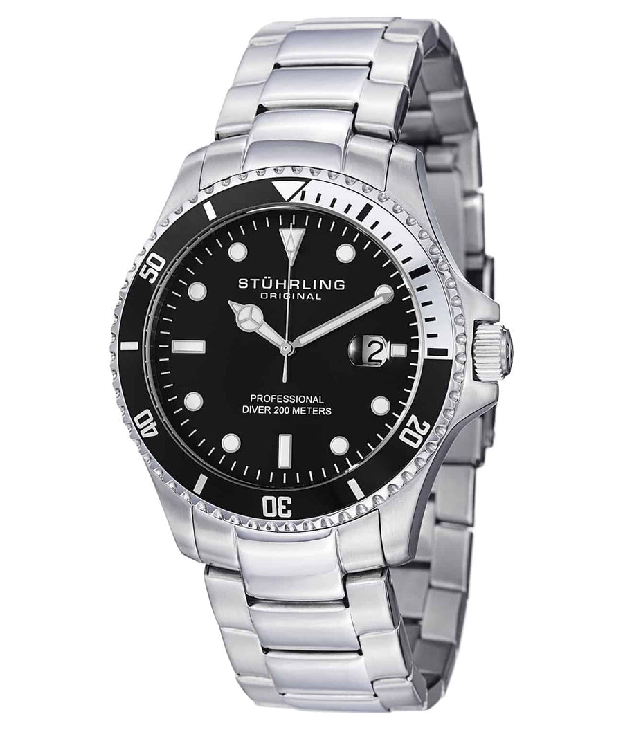 Regatta Elite 326B Quartz 42mm Diver - Black Dial / Silver Case / Silver Stainless Steel Bracelet Deployant Buckle