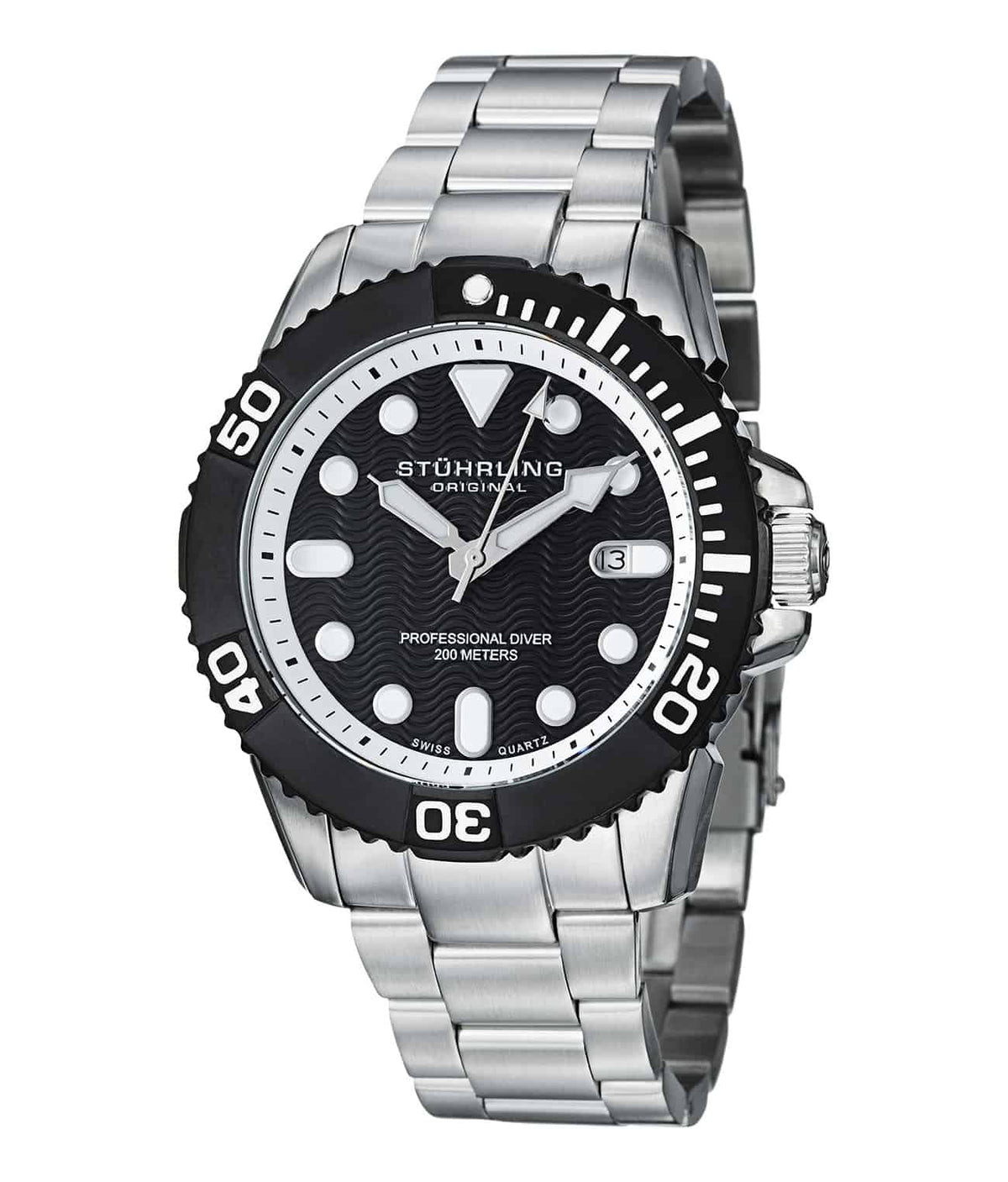 Atlantis Elite 328B Quartz 45mm Diver - Black Dial / Silver Case / Silver Stainless Steel Bracelet Deployant Buckle