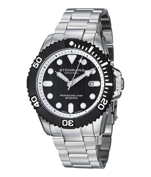 Atlantis Elite 328B Quartz 45mm Diver - Black Dial / Silver Case / Silver Stainless Steel Bracelet Deployant Buckle