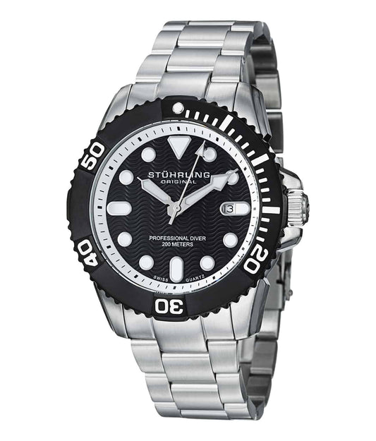 Atlantis Elite 328B Quartz 45mm Diver - Black Dial / Silver Case / Silver Stainless Steel Bracelet Deployant Buckle