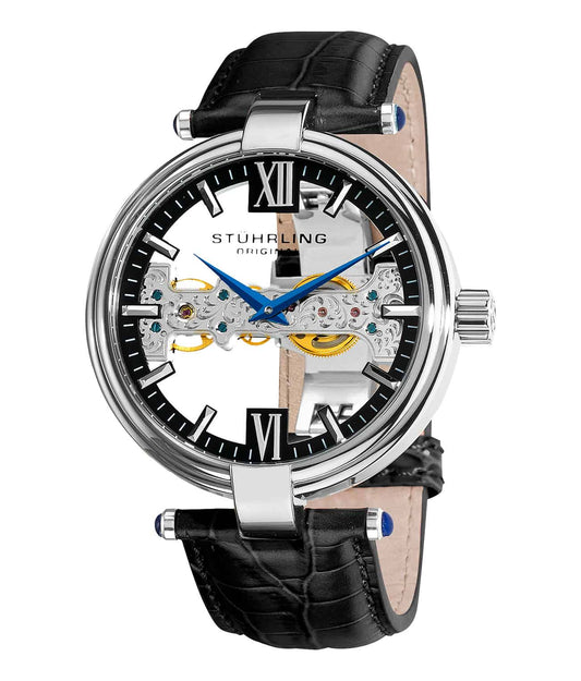 Royal Scepter 330 Hand-wind 46mm Skeleton - Black Dial / Silver Case / Black Leather Strap Deployant Buckle