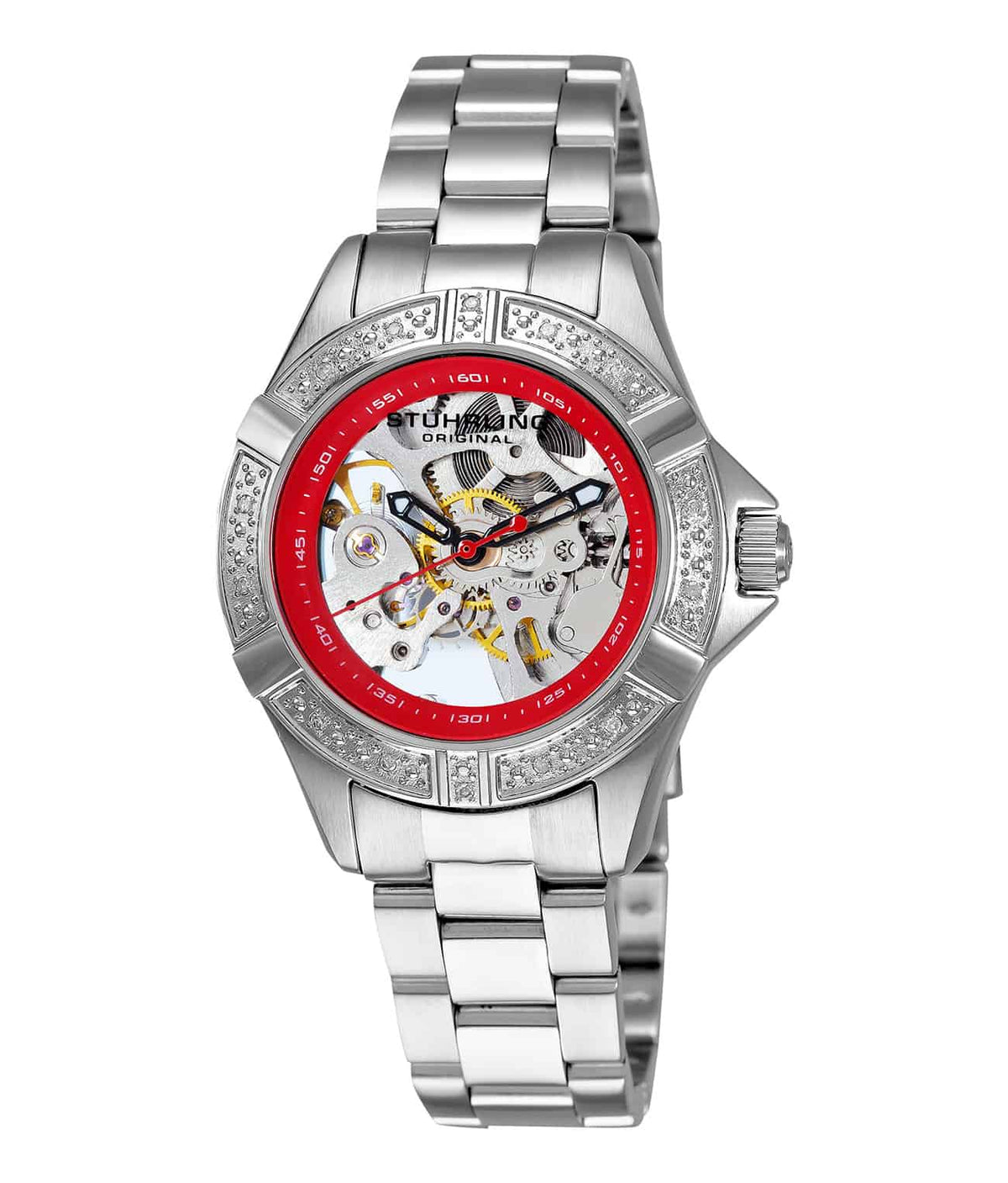 Stührling Lady Regatta Skeleton 331 Automatic 34mm - Red Dial / Silver Case / Silver Stainless Steel Bracelet Deployant Buckle