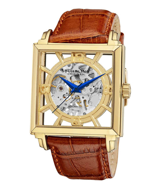 Stührling Winchester Plaza 333N Automatic 40mm Skeleton - Gold Dial / Gold Case / Light Brown Leather Strap Gold Layered Tang Buckle