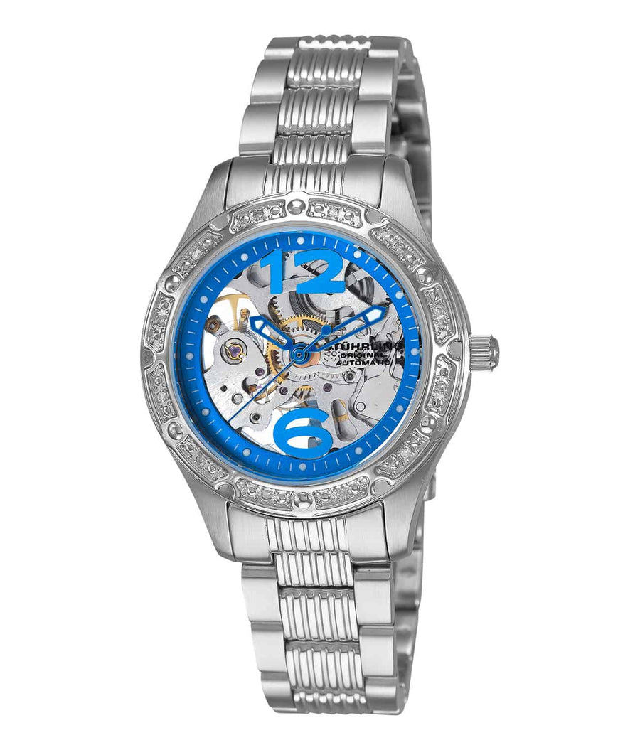 Stührling Lady Executive 335 Automatic 34mm Skeleton - Blue Dial / Silver Case / Silver Stainless Steel Bracelet Deployant Buckle
