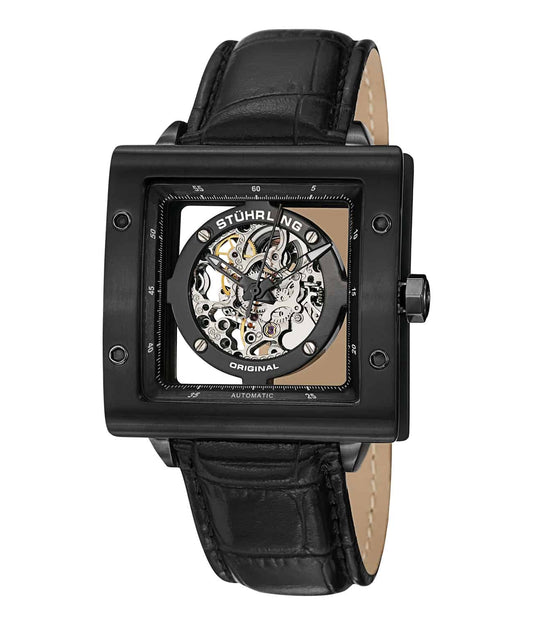Stührling Zolara Square 337 Automatic 38mm Skeleton - Black PVD Dial / Black PVD Case / Black Leather Strap Tang Buckle