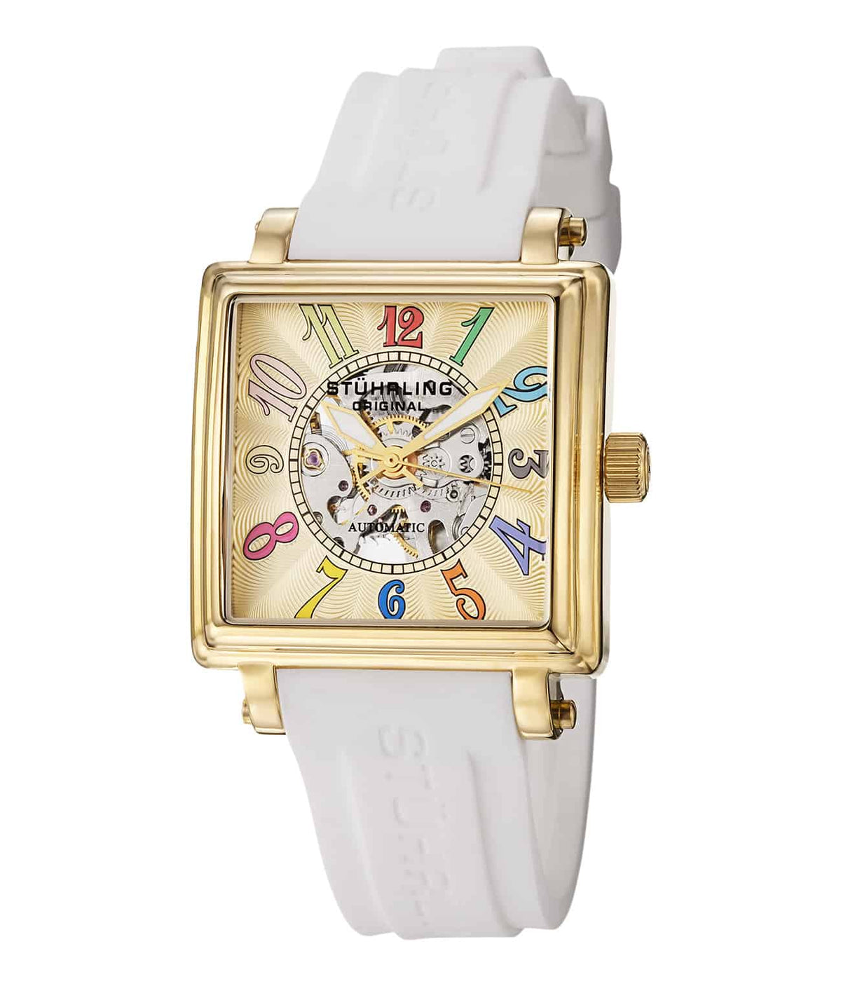 Stührling Lady Ozzie Skeleton 341 Automatic 35mm - Gold Dial / Gold Case / White Silicone Strap Tang Buckle