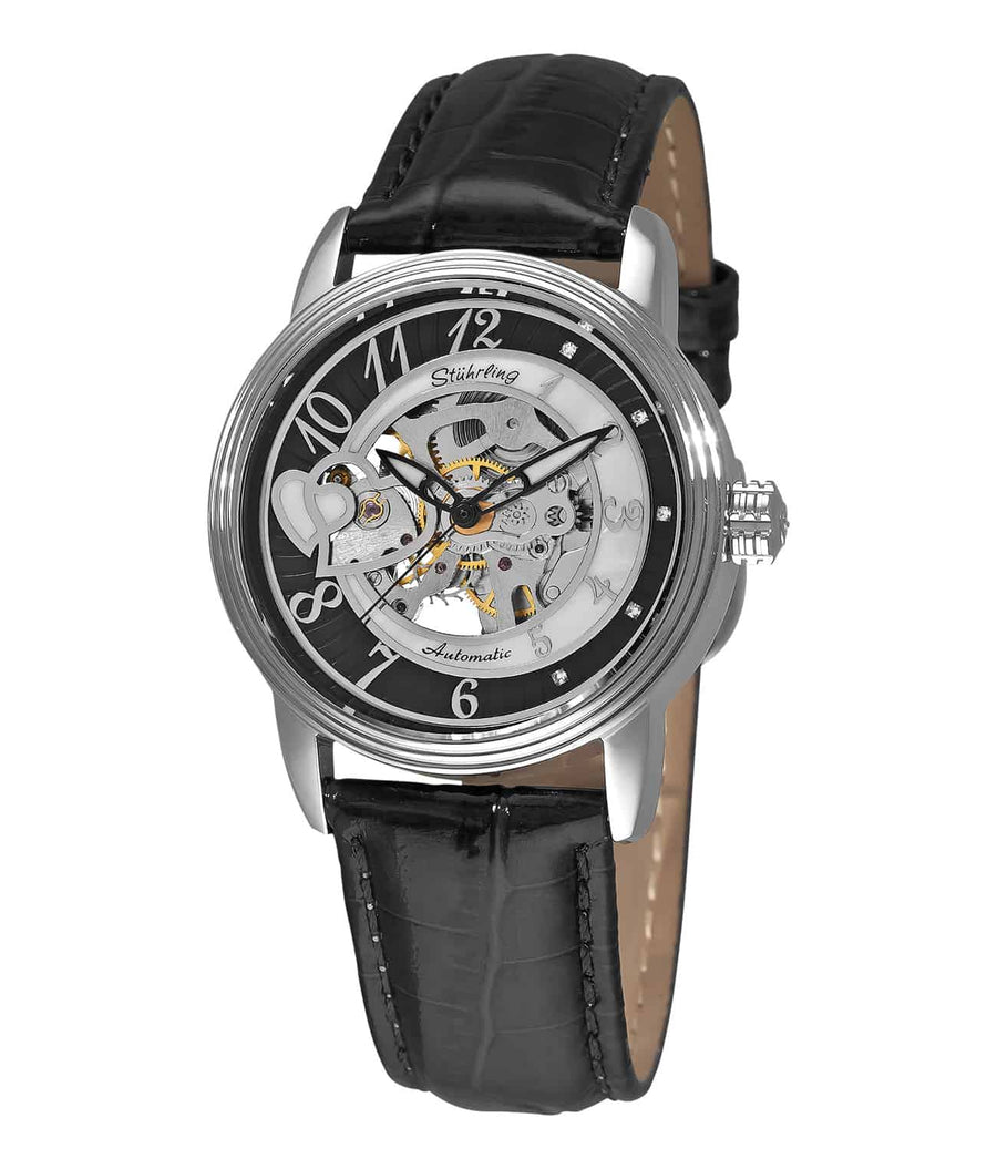 Cleopatra 348 Automatic 37mm Skeleton - Black Dial / Silver Case / Black Leather Strap Tang Buckle