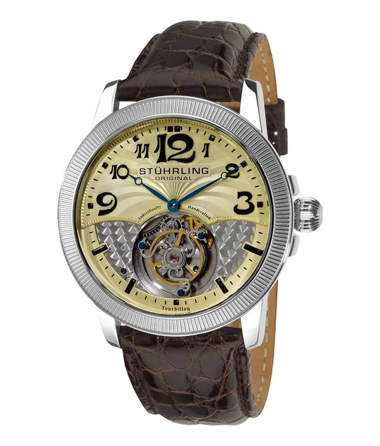 Stührling Timekeeper's Triumph 45mm Tourbillon - Champagne Dial / Silver Case / Brown Crocodile Strap Tang Buckle