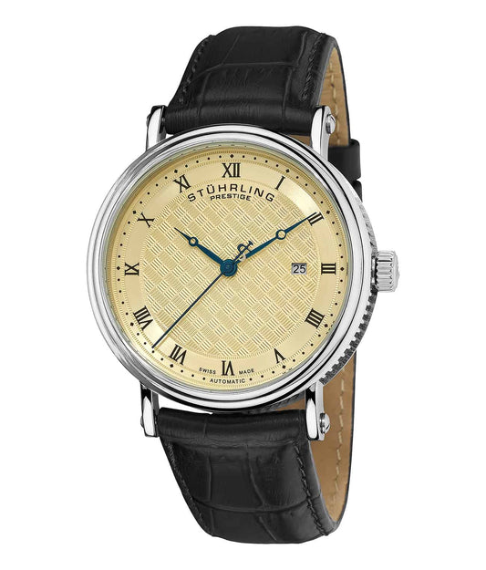 Stührling Tradition 358 Automatic 42mm - Champagne Dial / Silver Case / Black Leather Strap Tang Buckle