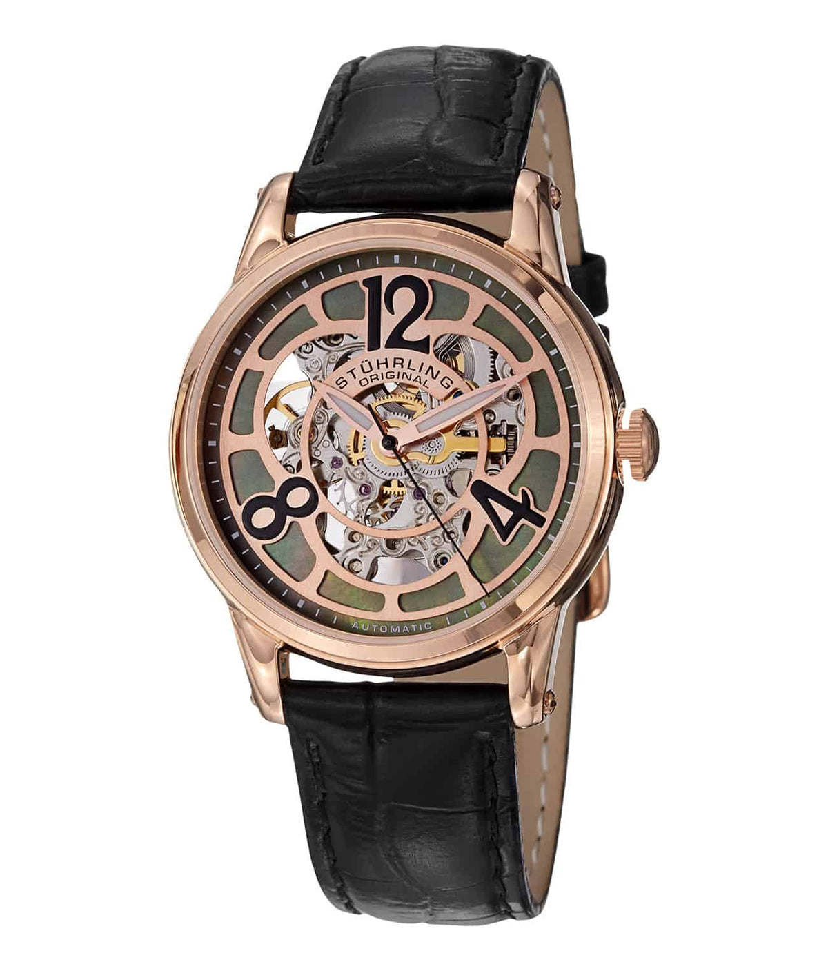 Rosetta 365 Automatic 37mm Skeleton - Black Dial / Rose Case / Black Leather Strap Rose Gold Layered Tang Buckle