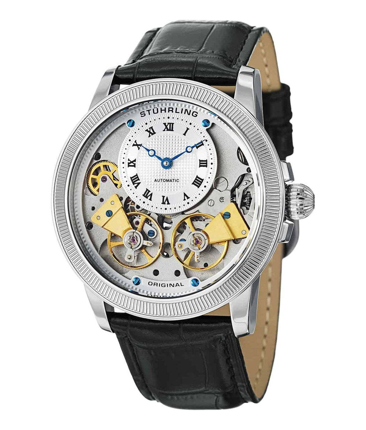 Gemini II 368B Automatic 45mm Skeleton - Silver Dial / Silver Case / Black Leather Strap Tang Buckle