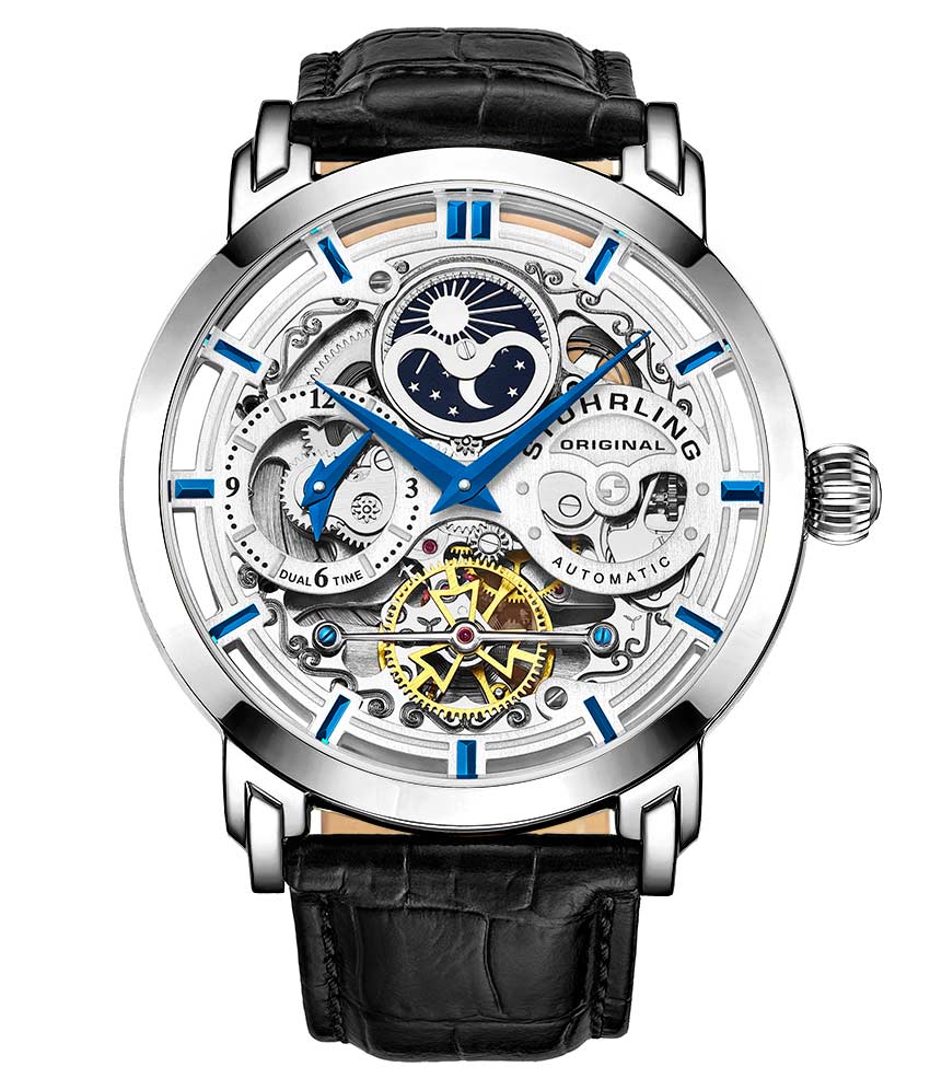 Stührling Anatol Dual Time 371 Automatic 46mm Skeleton - Silver Dial/Silver Case/Black Leather Strap