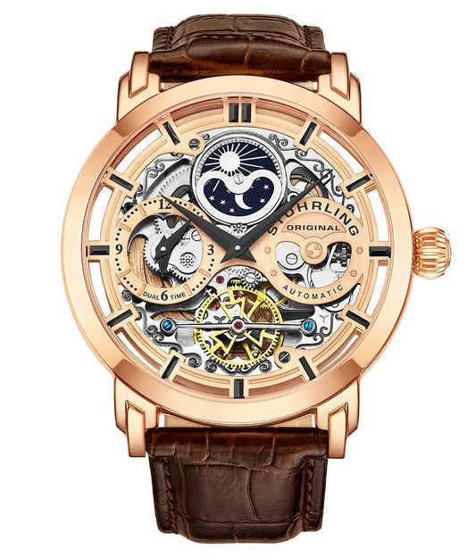 Stührling Anatol Dual Time 371 Automatic 46mm Skeleton - Rose Dial/Rose Case/Brown Leather Strap