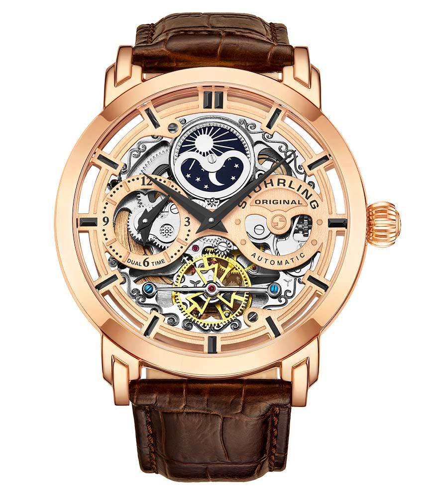 Stührling Anatol Dual Time 371 Automatic 46mm Skeleton - Rose Dial/Rose Case/Brown Leather Strap