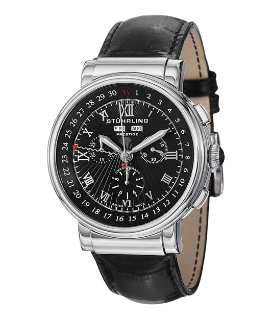 Sparta 380 Quartz 42mm - Black Dial / Silver Case / Black Leather Strap Tang Buckle