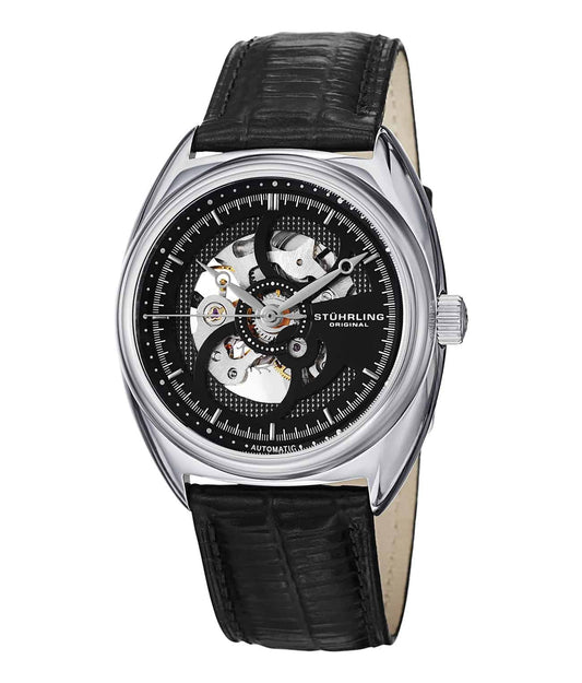 Stührling Tandem Skeleton 381 Automatic 40mm - Black Dial / Silver Case / Black Leather Strap Tang Buckle