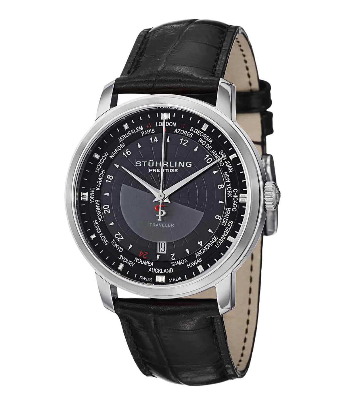 Stührling Swiss Traveler 383 Quartz 42mm - Black Dial / Silver Case / Black Leather Strap Tang Buckle