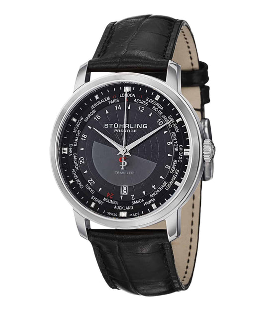 Stührling Swiss Traveler 383 Quartz 42mm - Black Dial / Silver Case / Black Leather Strap Tang Buckle