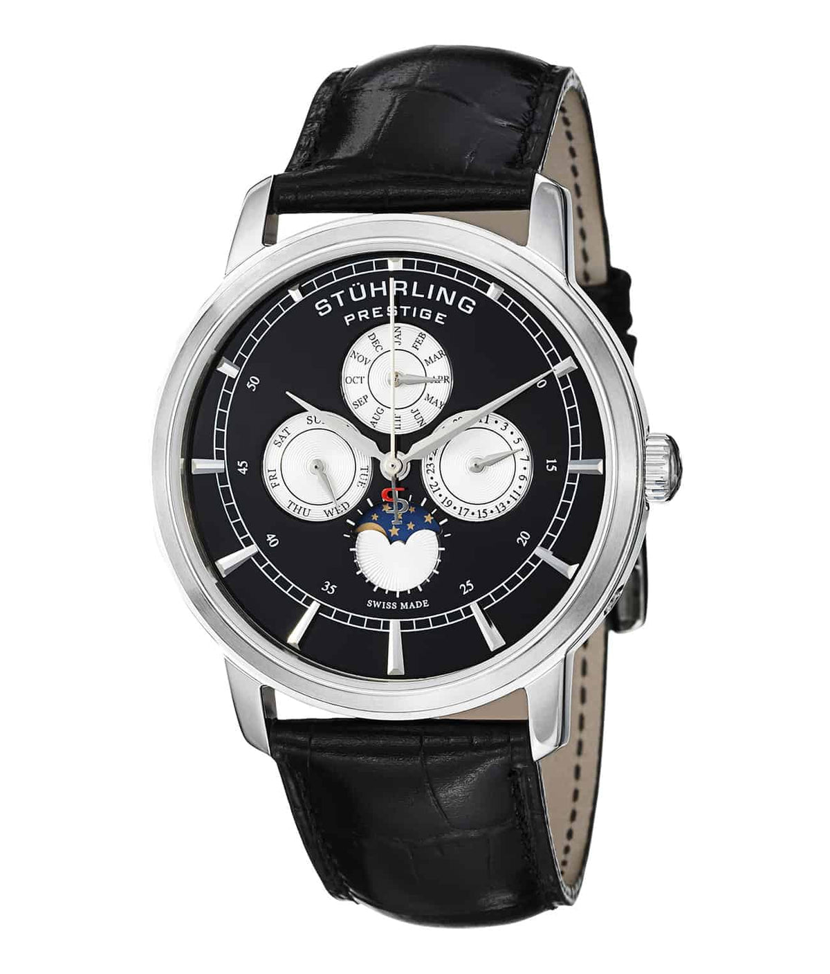 Maestro 385 Quartz 42mm - Black Dial / Silver Case / Black Leather Strap Tang Buckle
